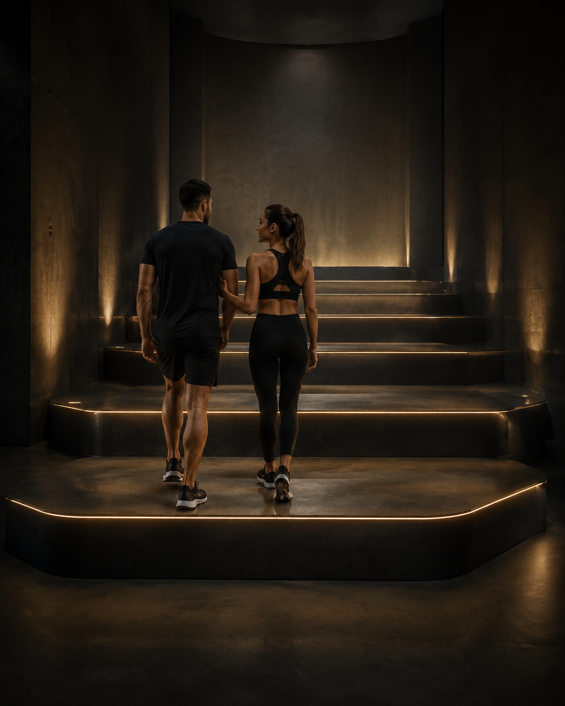 Casal subindo escadas iluminadas, simbolizando as cinco etapas progressivas do Protocolo 10/60